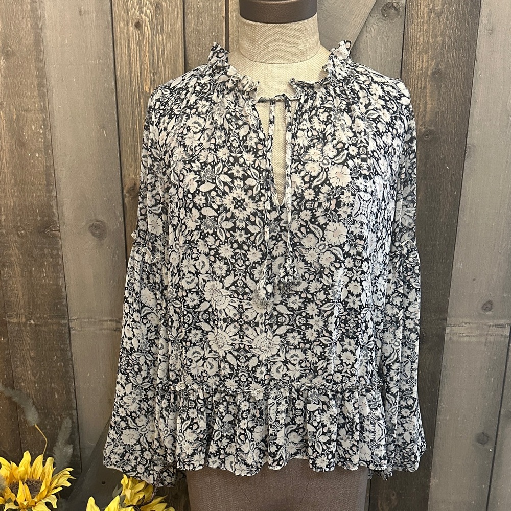 MISA Los Angeles Floral Peasant Blouse Size Small | Boho Ruffle Hem Top